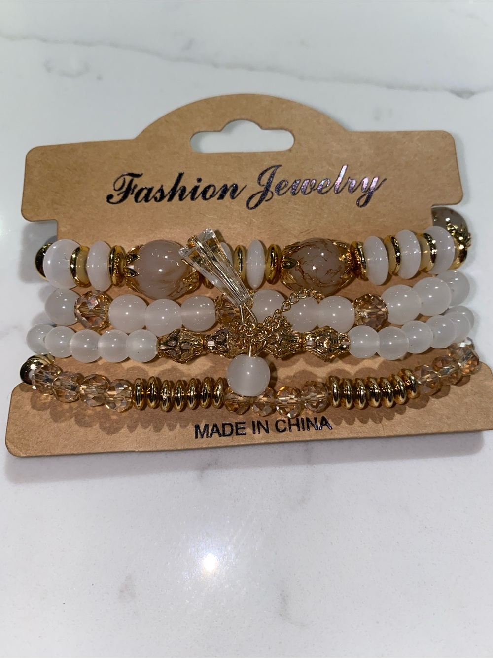 Fashion Jewelry White and Gold Beaded Bracelet Set